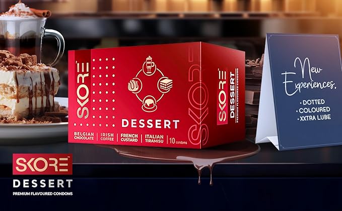 Skore Dessert Condoms : Belgian Chocolate | Irish Coffee | French Custard | Italian Tiramisu Flavoured 10pc